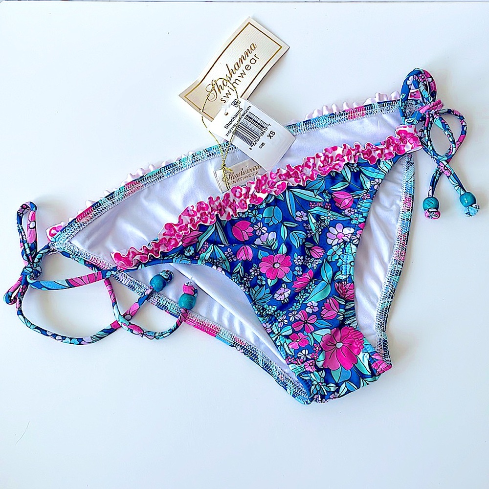 Shoshanna pink teal floral ruffle trim bikini bottoms NWT XS or XL swim separate
